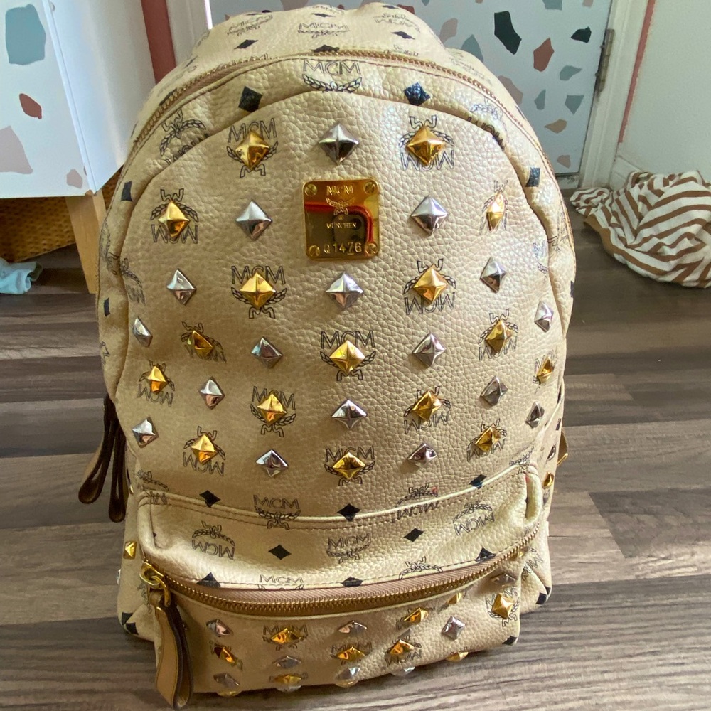 MCM Large Backpack, Gold, Silver, Beige, Adjustable Straps, Computer Pocket, Y2K